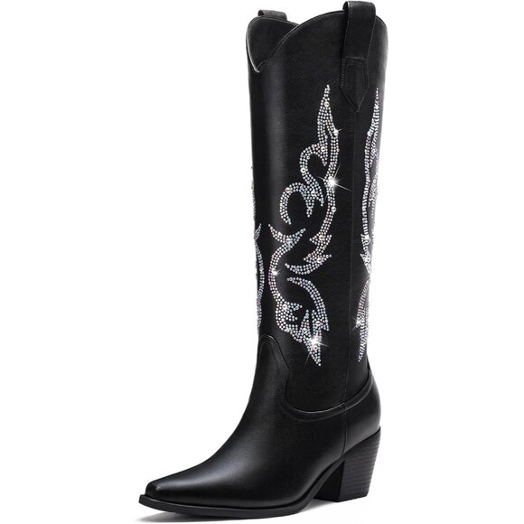 Women Black & Rhinestone Polyurethane Side Zipper Knee High Retro Western Boot - Picture 1 of 7